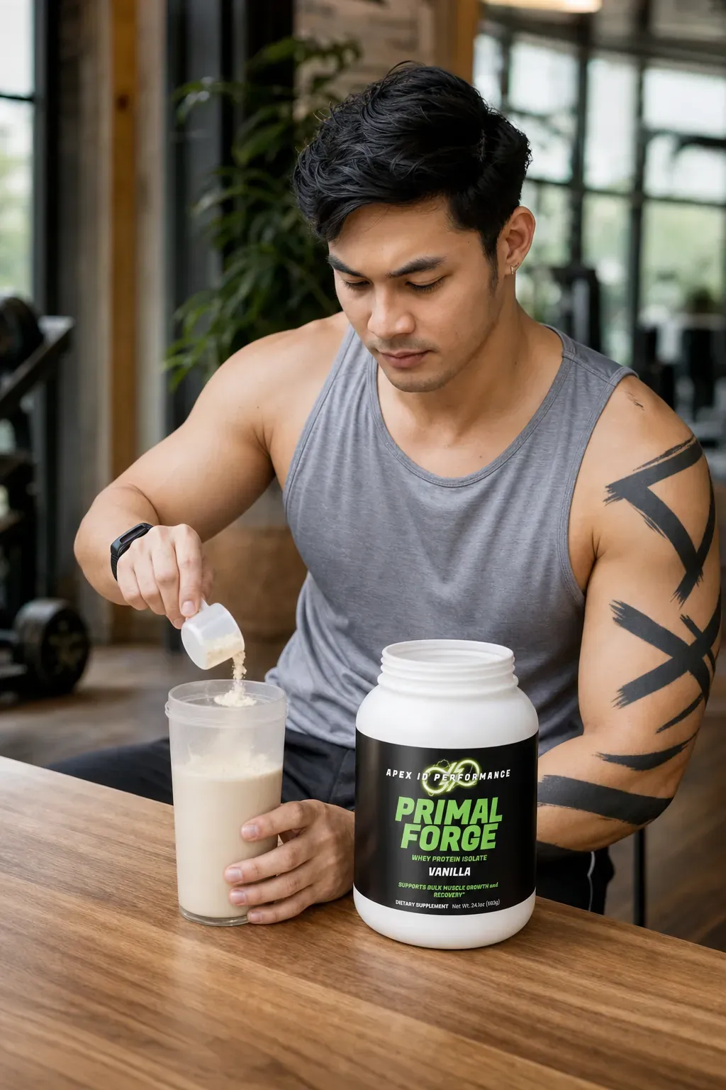 Athlete preparing a protein shake with an Apex supplement