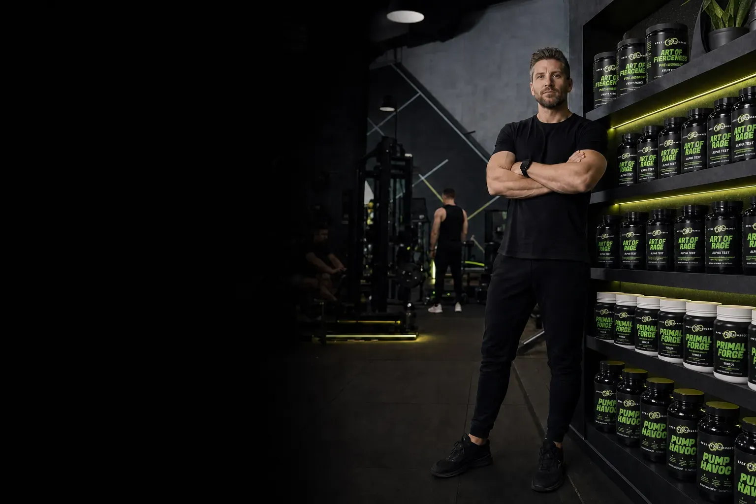 Gym owner standing beside a supplement retail shelf