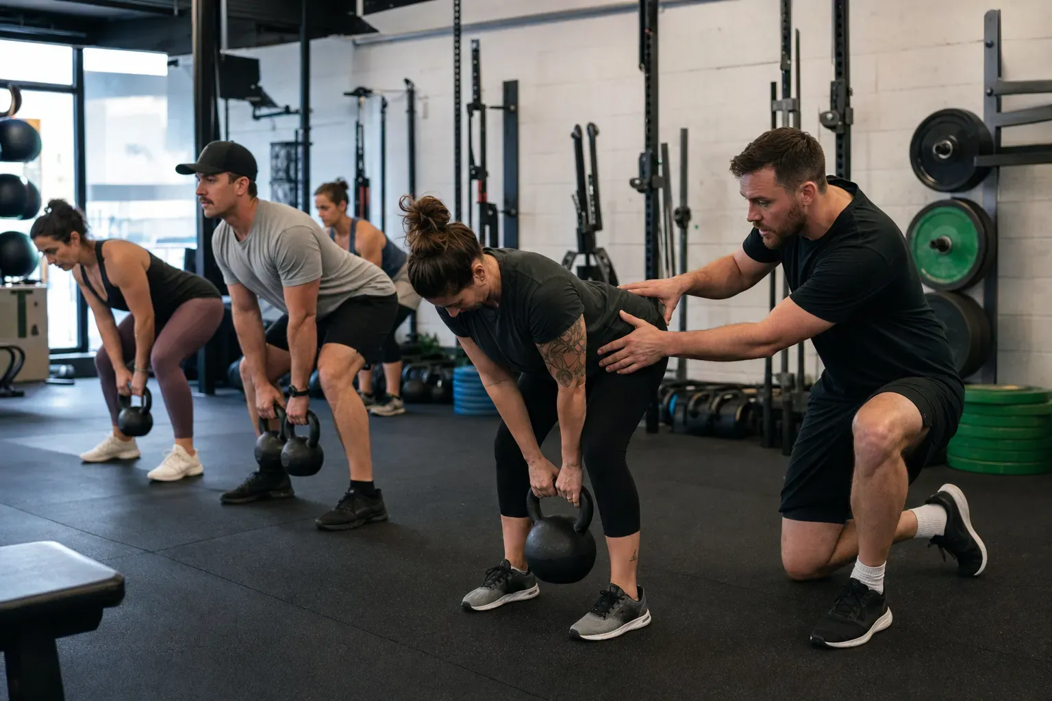 Coach giving individual support during a small group kettlebell session
