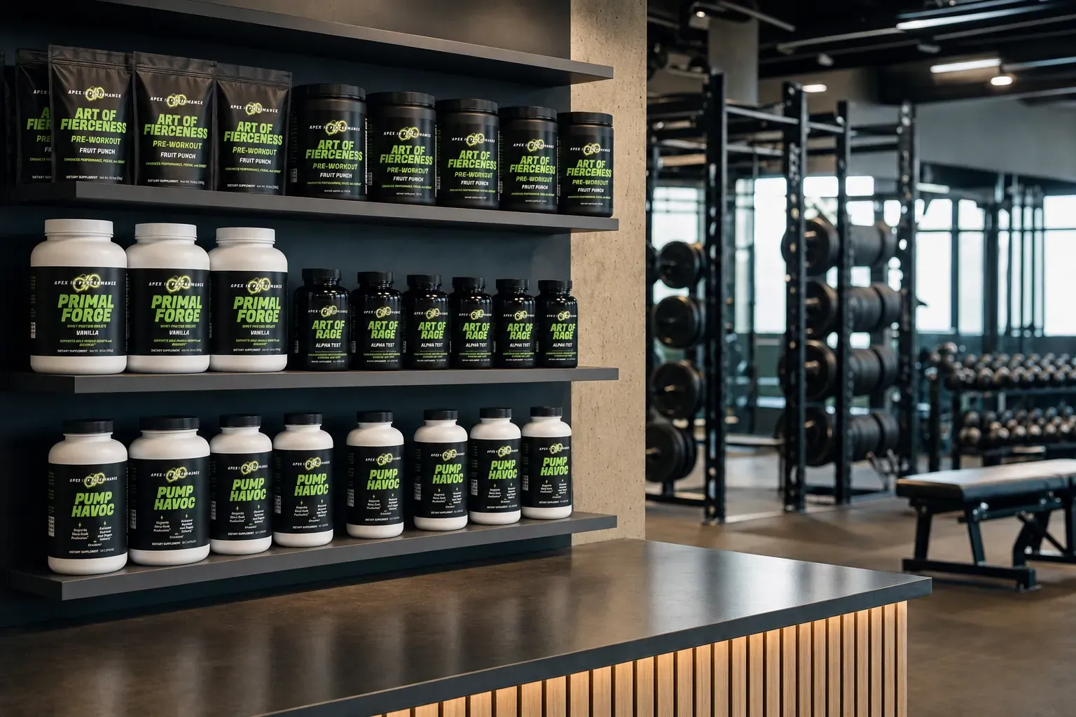 A small performance nutrition shelf in a gym
